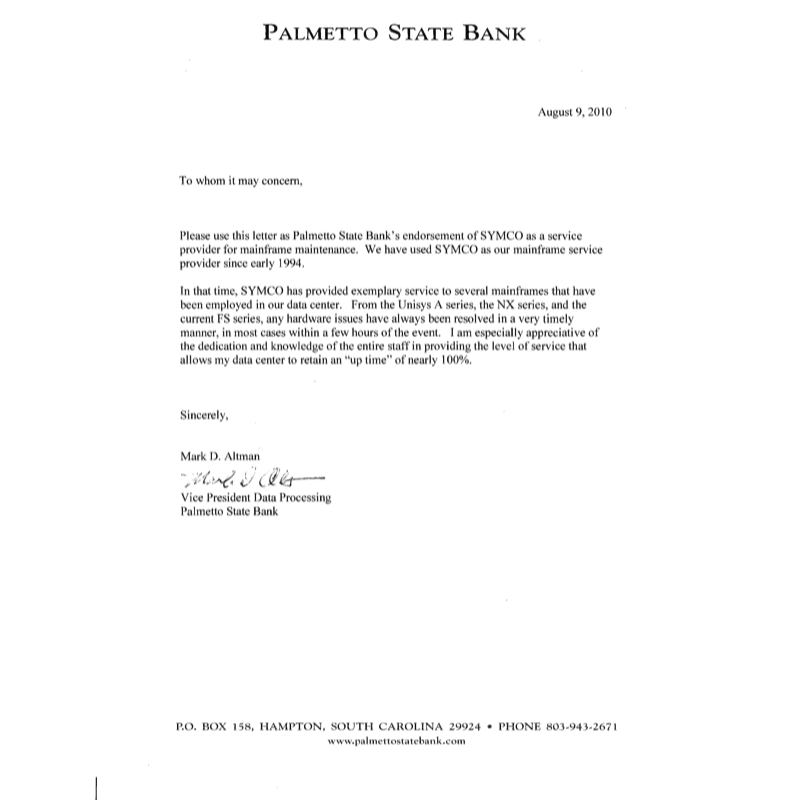 Palmetto State Bank recommends Symco Group